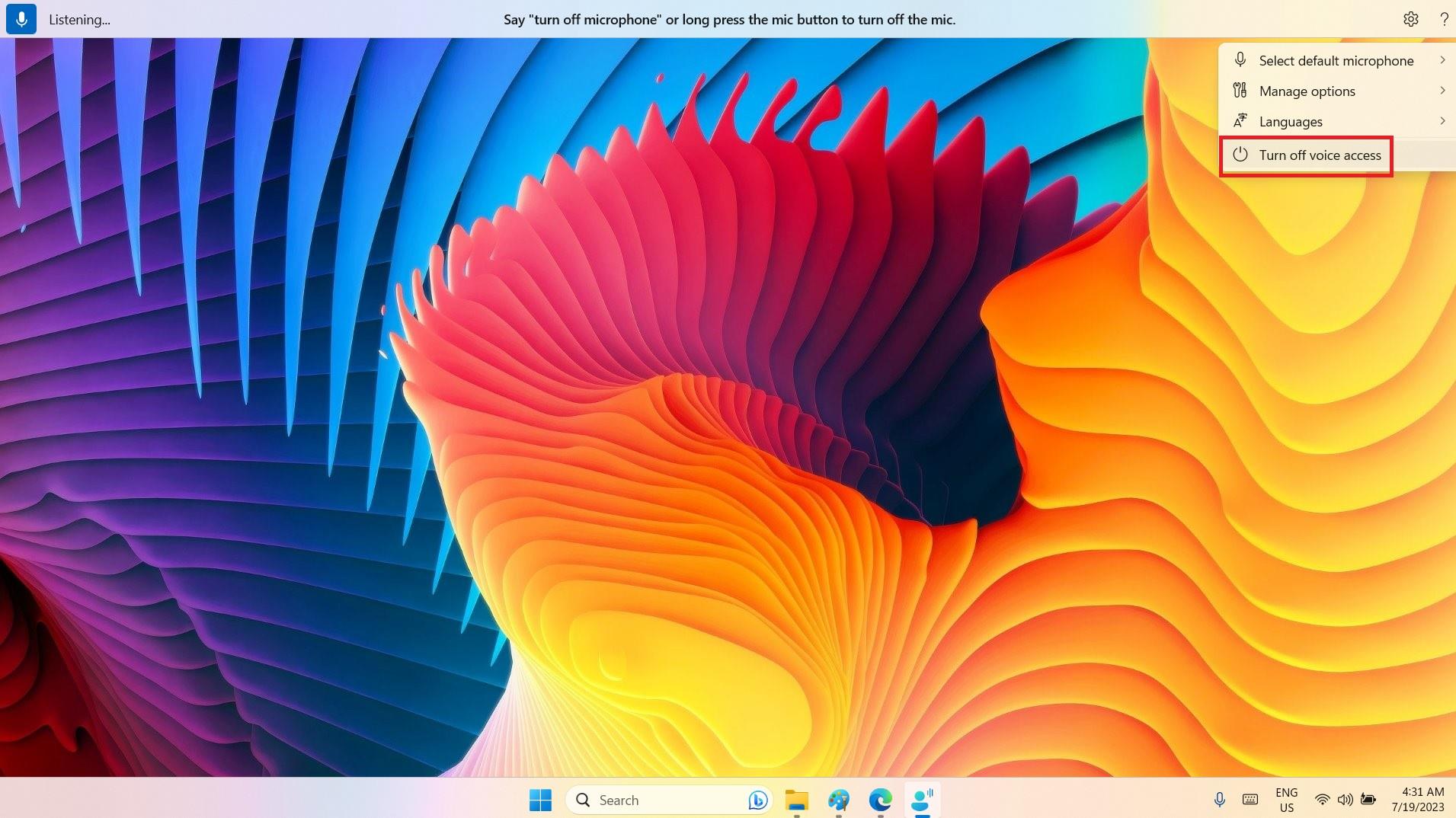 Выключение Voice Access через верхнюю панель