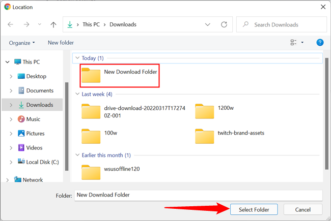 Выберите новую папку для загрузок, затем нажмите
