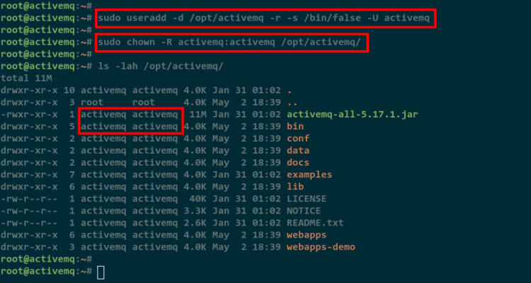 Скриншот директории /opt/activemq с владельцем activemq