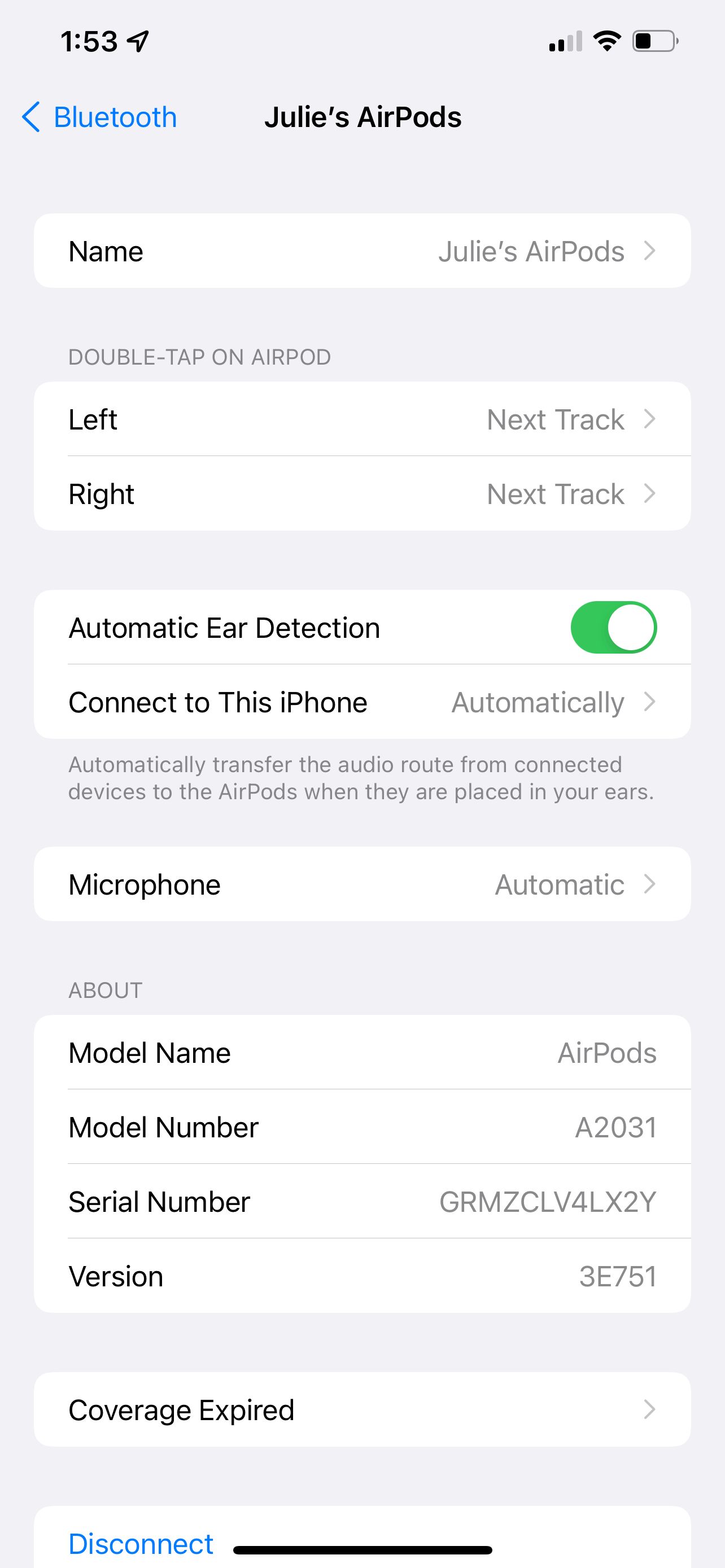 Параметры AirPods в iOS