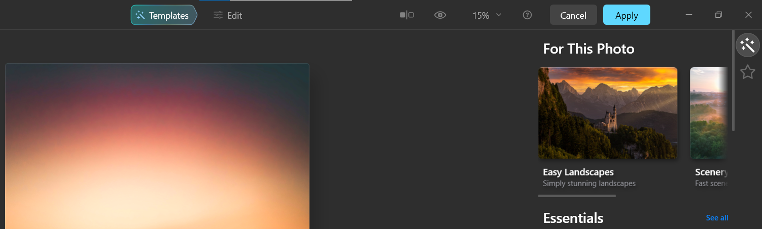 Выбор шаблона Easy Landscapes — скриншот
