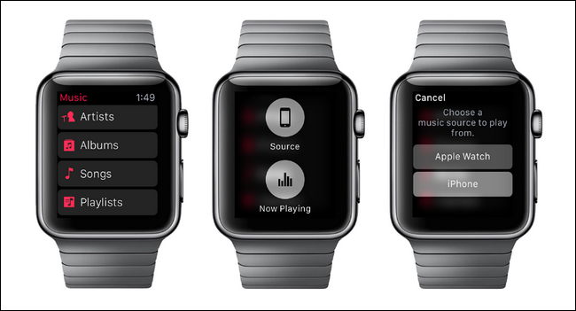 Экран музыкального приложения Apple Watch с меню источника воспроизведения