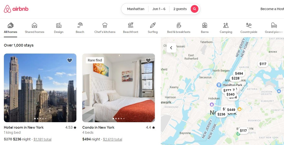 скриншот поиска по району на Airbnb