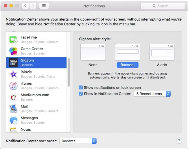 Параметры уведомлений для отдельных сайтов в macOS