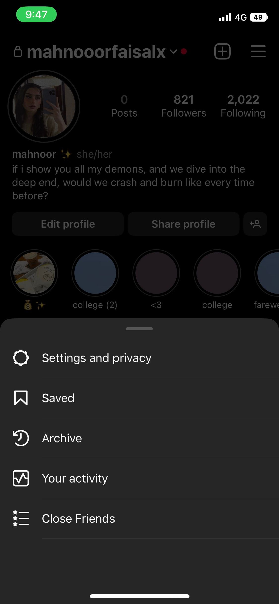 Меню профиля Instagram: опции при нажатии иконки 'три линии'