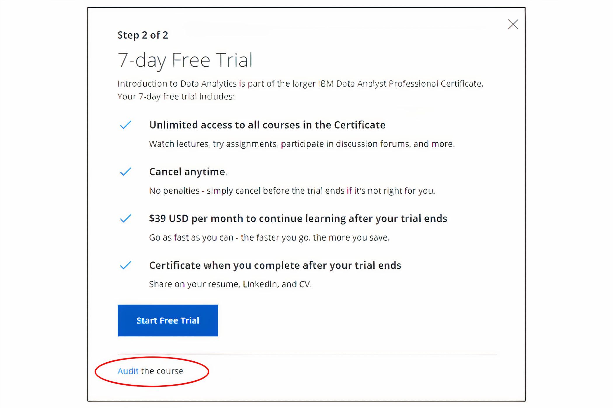 Скриншот маленькой кнопки аудита на экране регистрации Coursera.