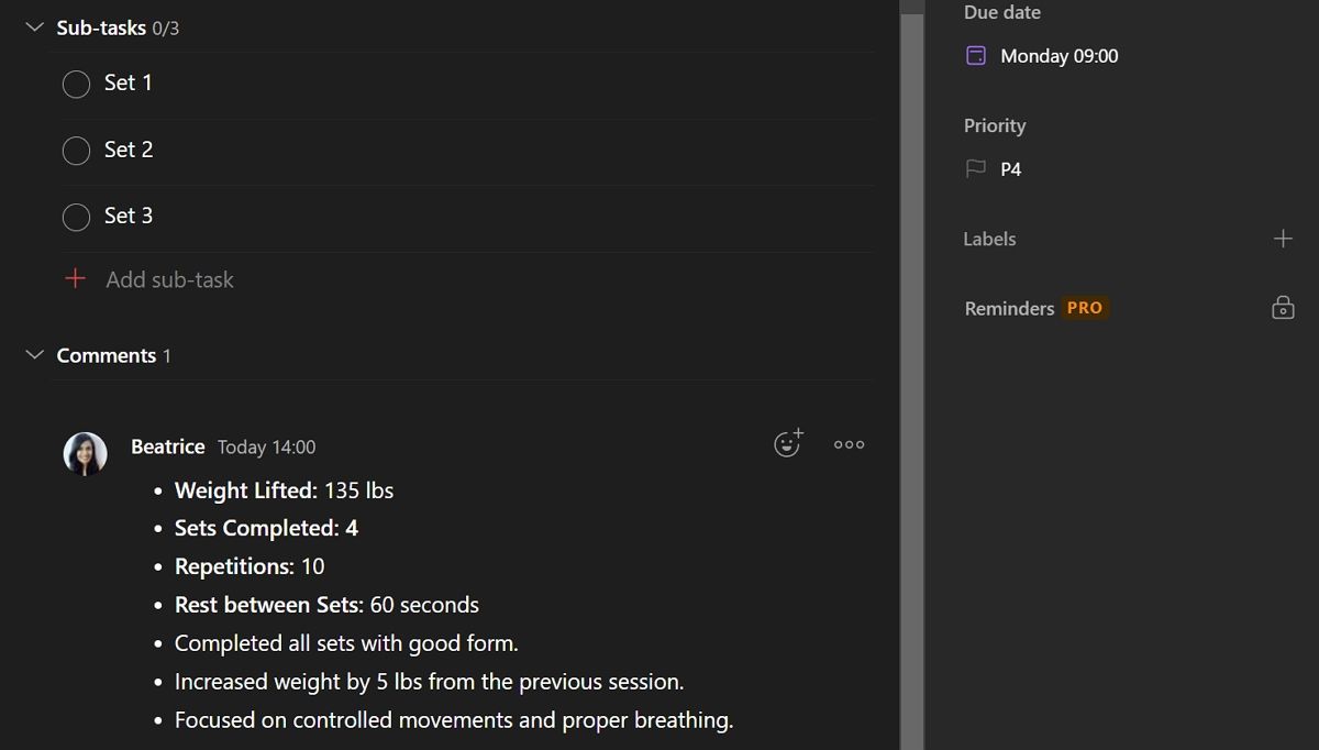 комментирование прогресса и результатов в задачах Todoist