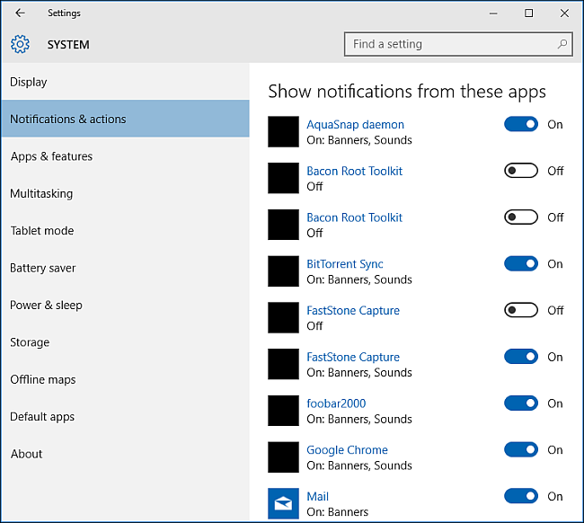 Список приложений с переключателями для уведомлений