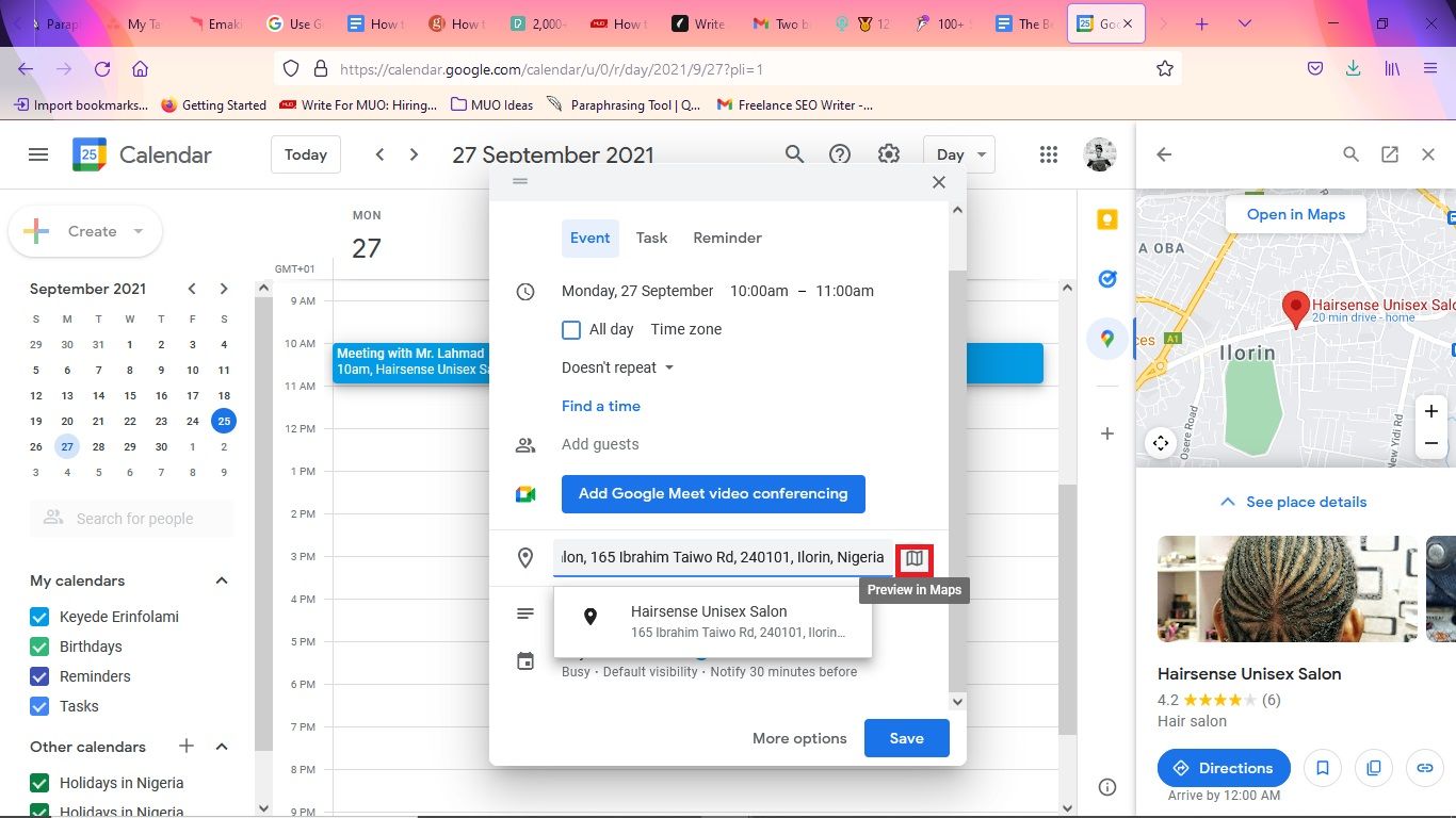 Иконка Карта в интерфейсе создания события Google Календаря