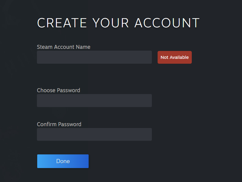 Ввод имени пользователя и пароля при создании аккаунта Steam
