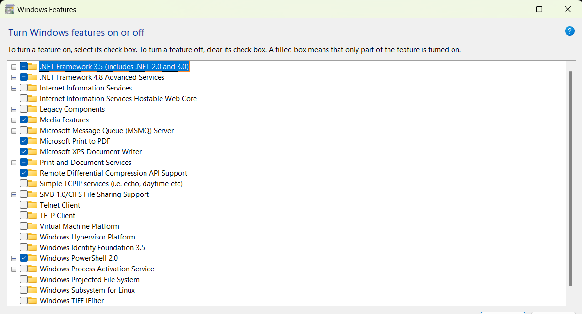 Окно «Компоненты Windows» с перечнем включённых и выключенных функций.