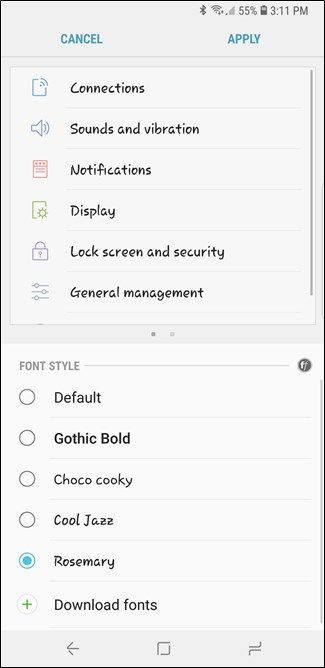 Список встроенных стилей шрифтов в настройках Samsung
