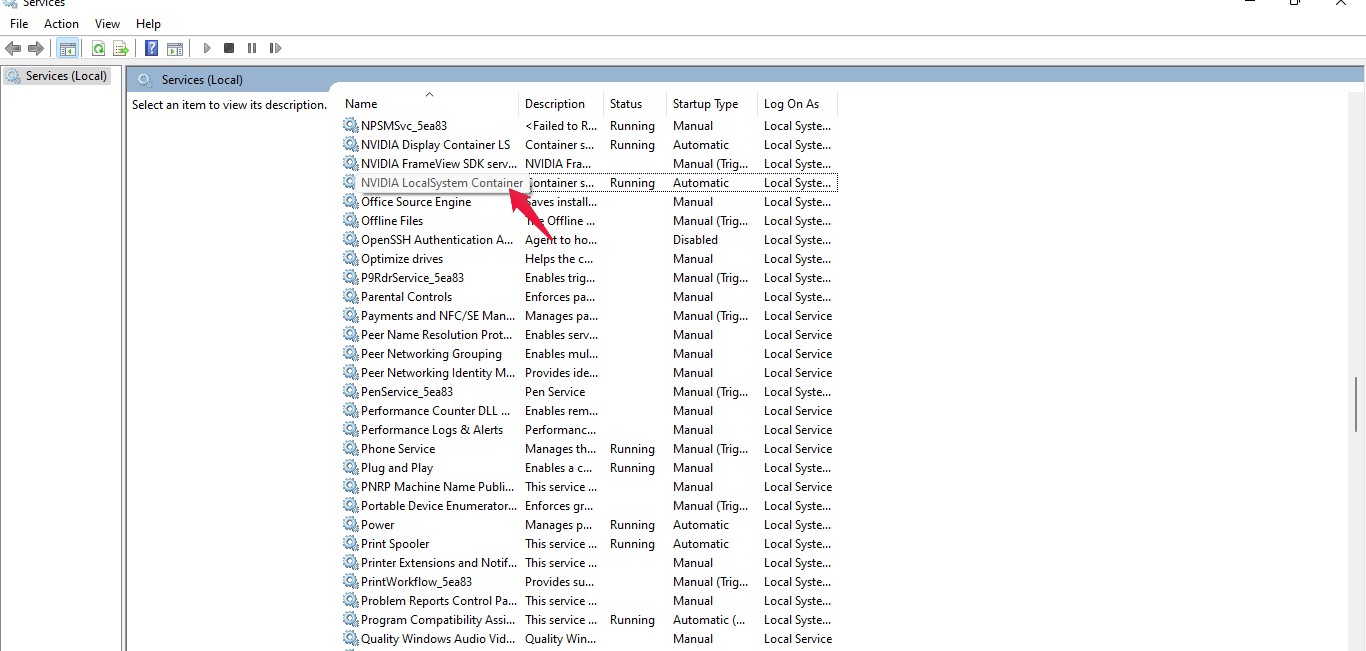 Lista de servicios de Windows con entradas de Nvidia