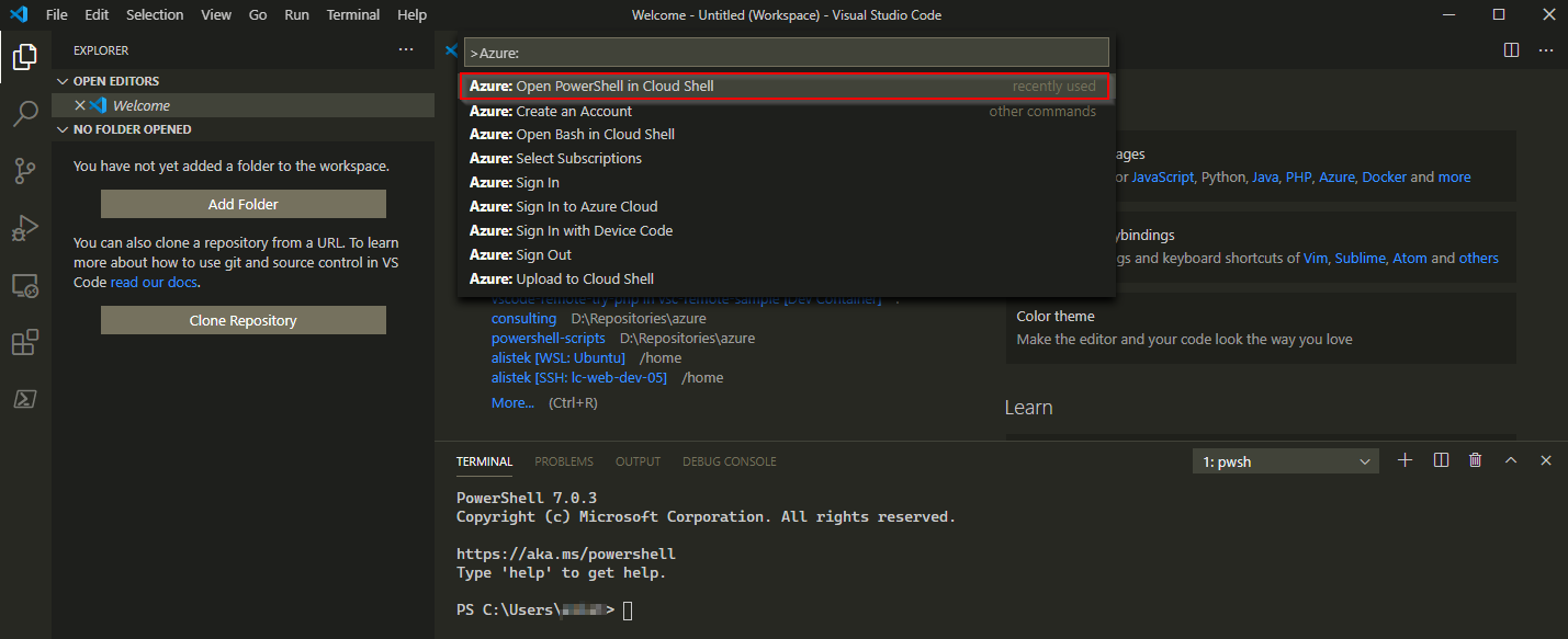 Выберите команду Azure: Open PowerShell in Cloud Shell в панели команд VS Code.