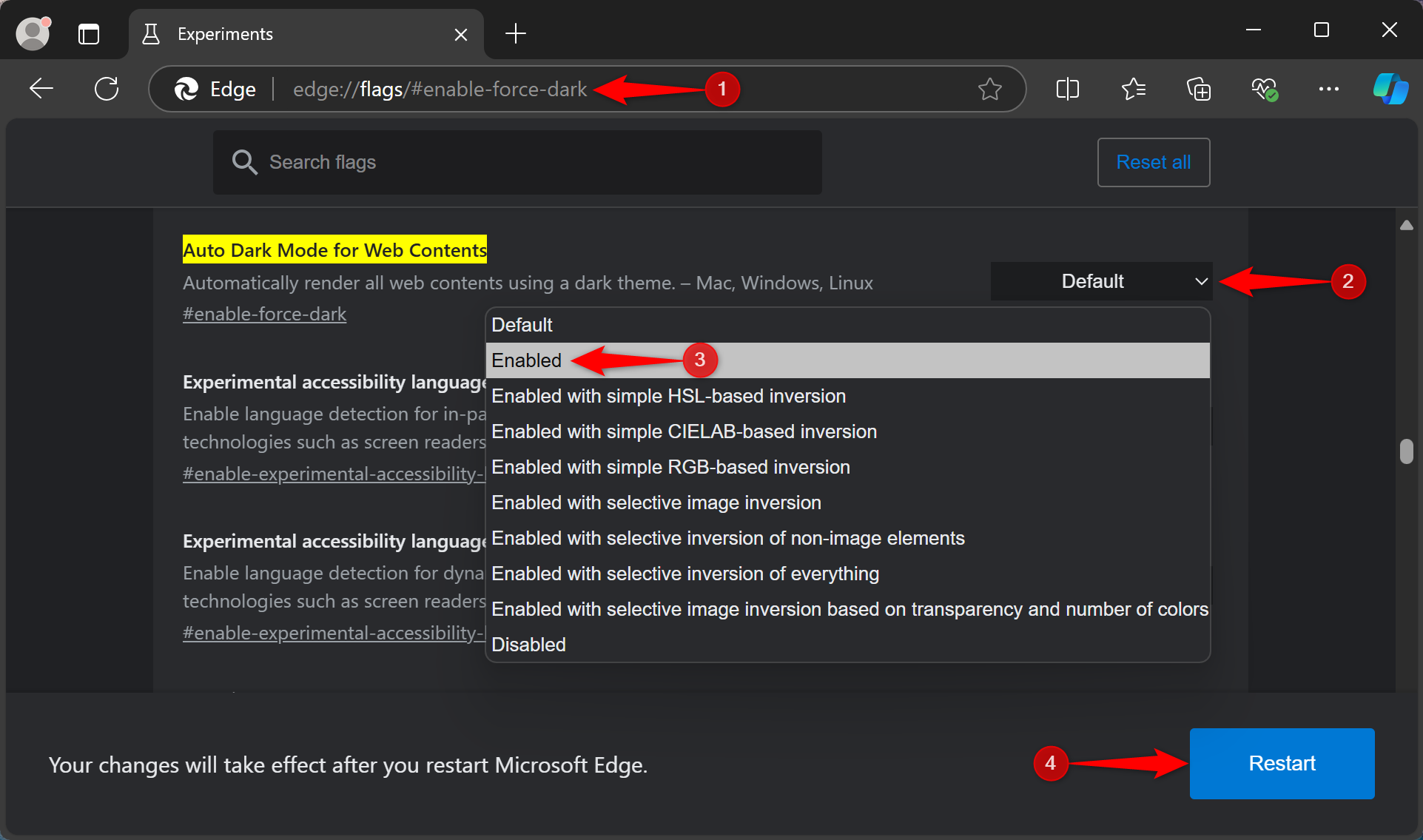Флаг «Auto Dark Mode for Web Contents» в Edge