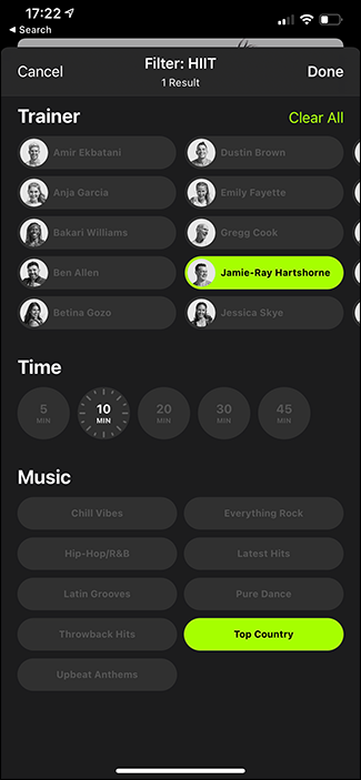 опции фильтрации в Fitness+