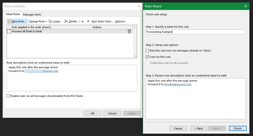 Правило Outlook завершено