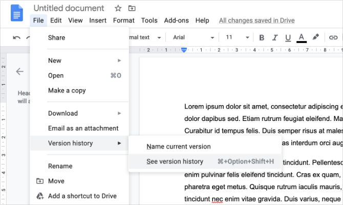 Опция просмотра истории версий в Google Docs