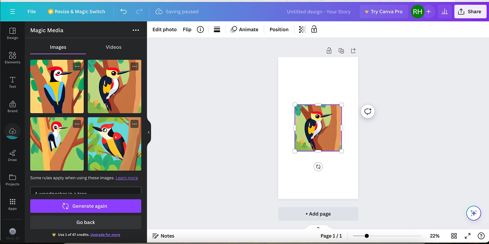 Сгенерированный ИИ дятел в Canva