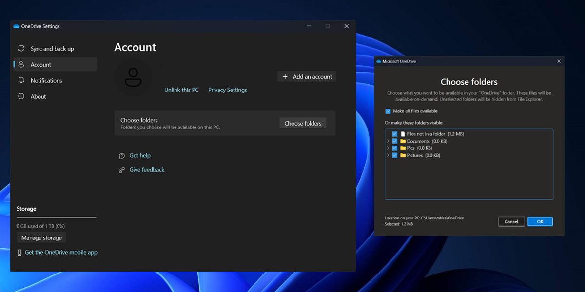 Окно OneDrive — выбор папок для синхронизации