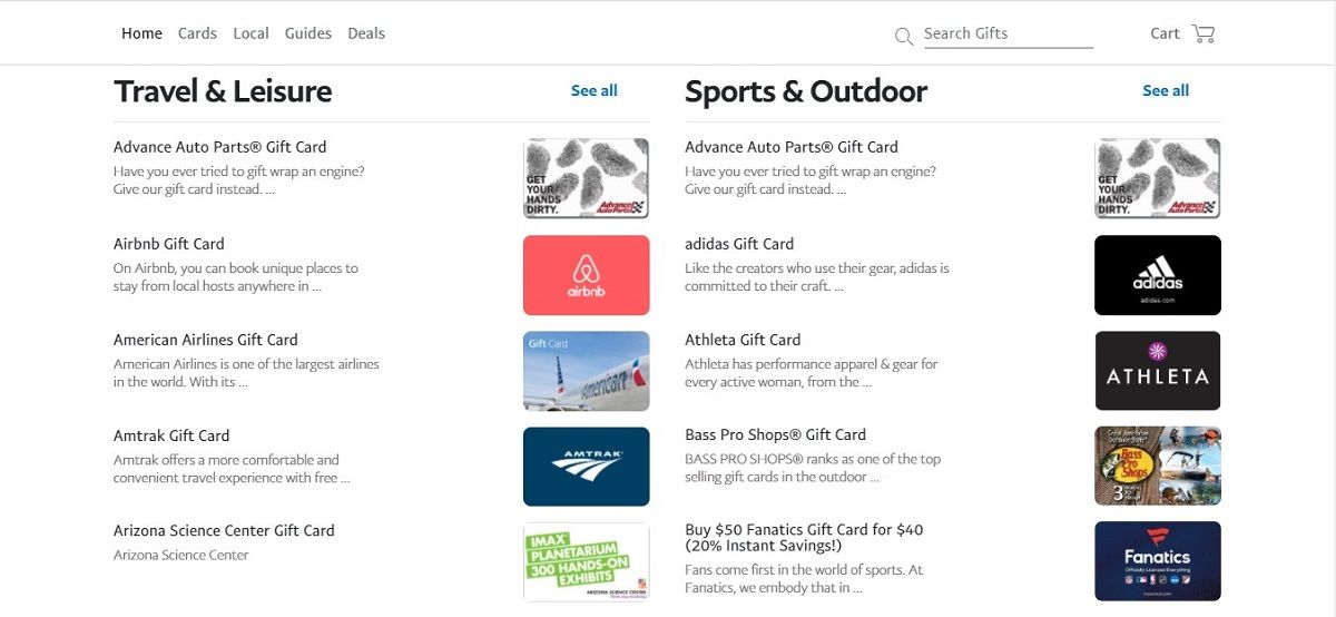 Выбор цифровых подарочных карт в PayPal