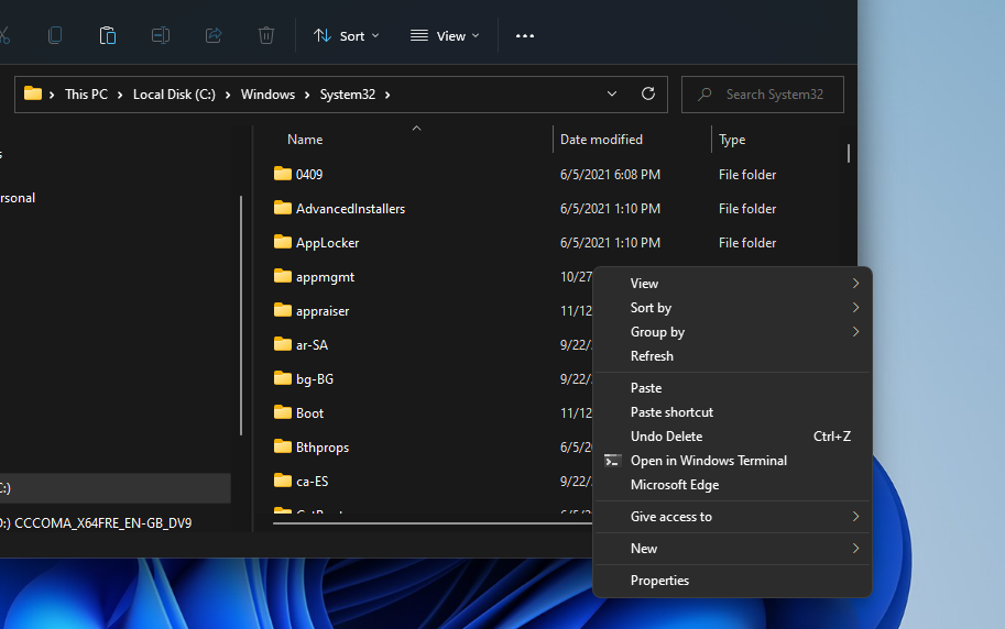 Опция «Вставить» в контекстном меню проводника