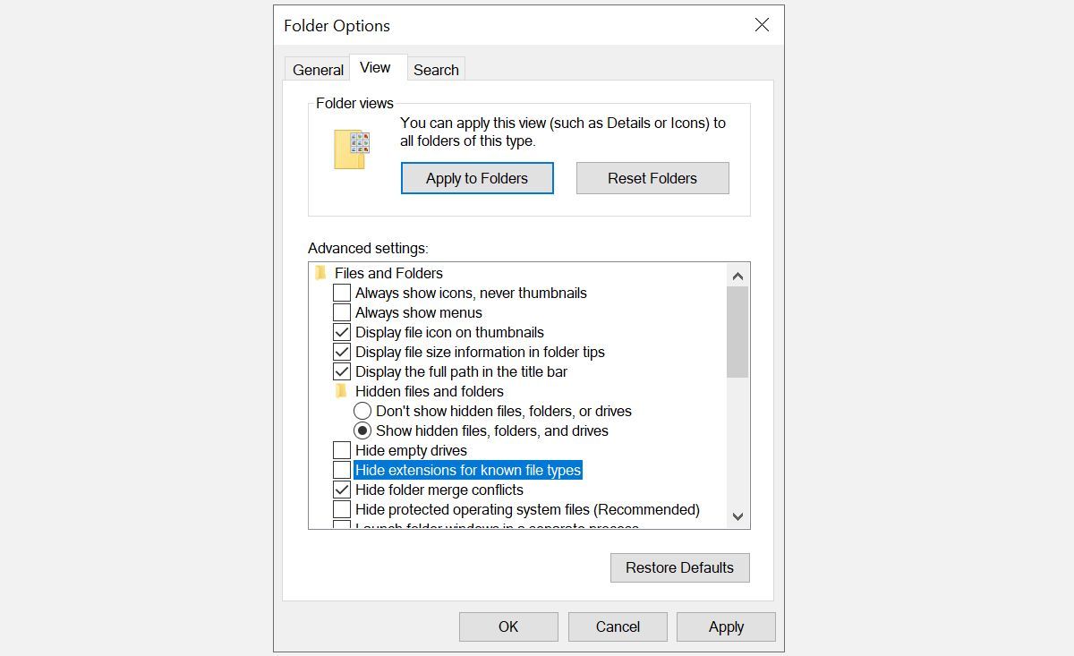 Параметры папок Windows 10 с выделенной опцией скрыть расширения