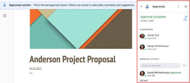 Детали утверждения в боковой панели