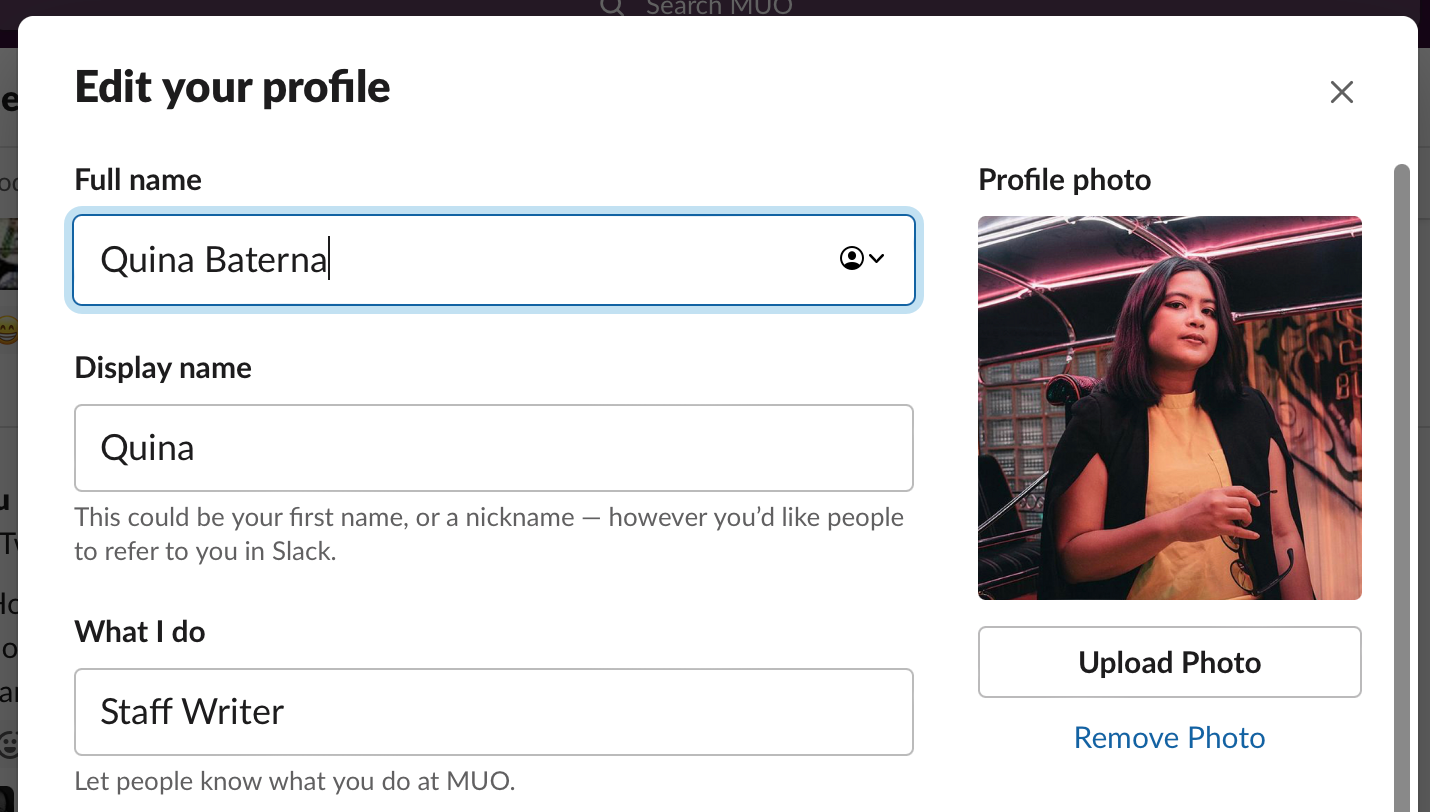 Поле для ввода отображаемого имени в Slack
