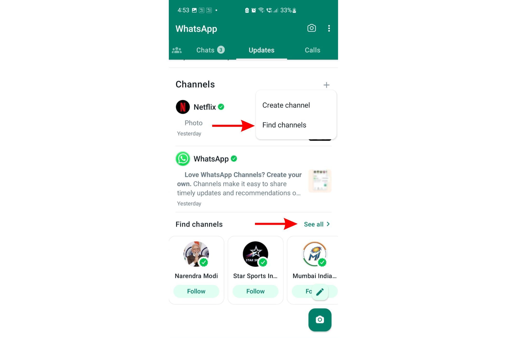 Найти каналы WhatsApp