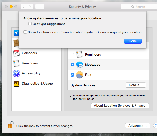 Окно системных служб на Mac с опцией Spotlight Suggestions
