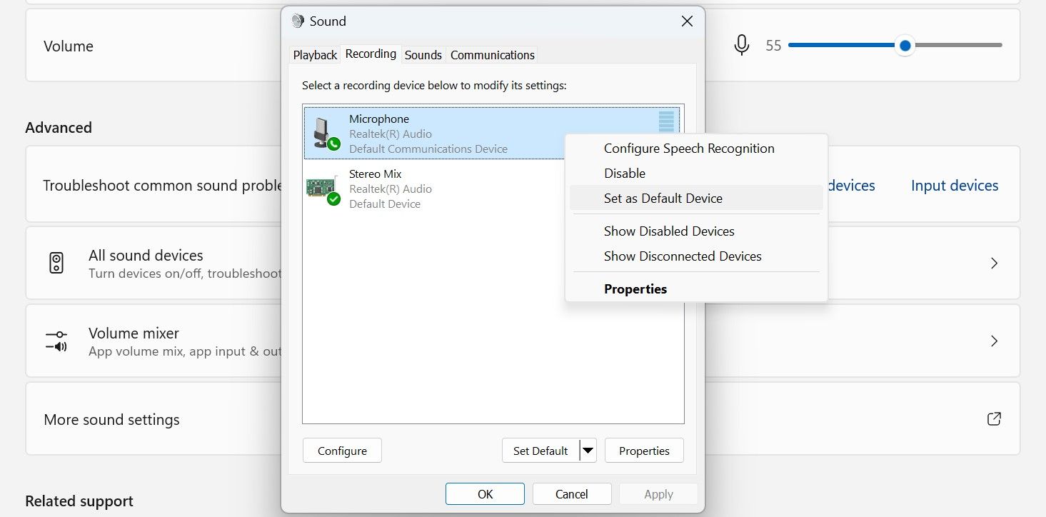 Установка микрофона по умолчанию во вкладке 