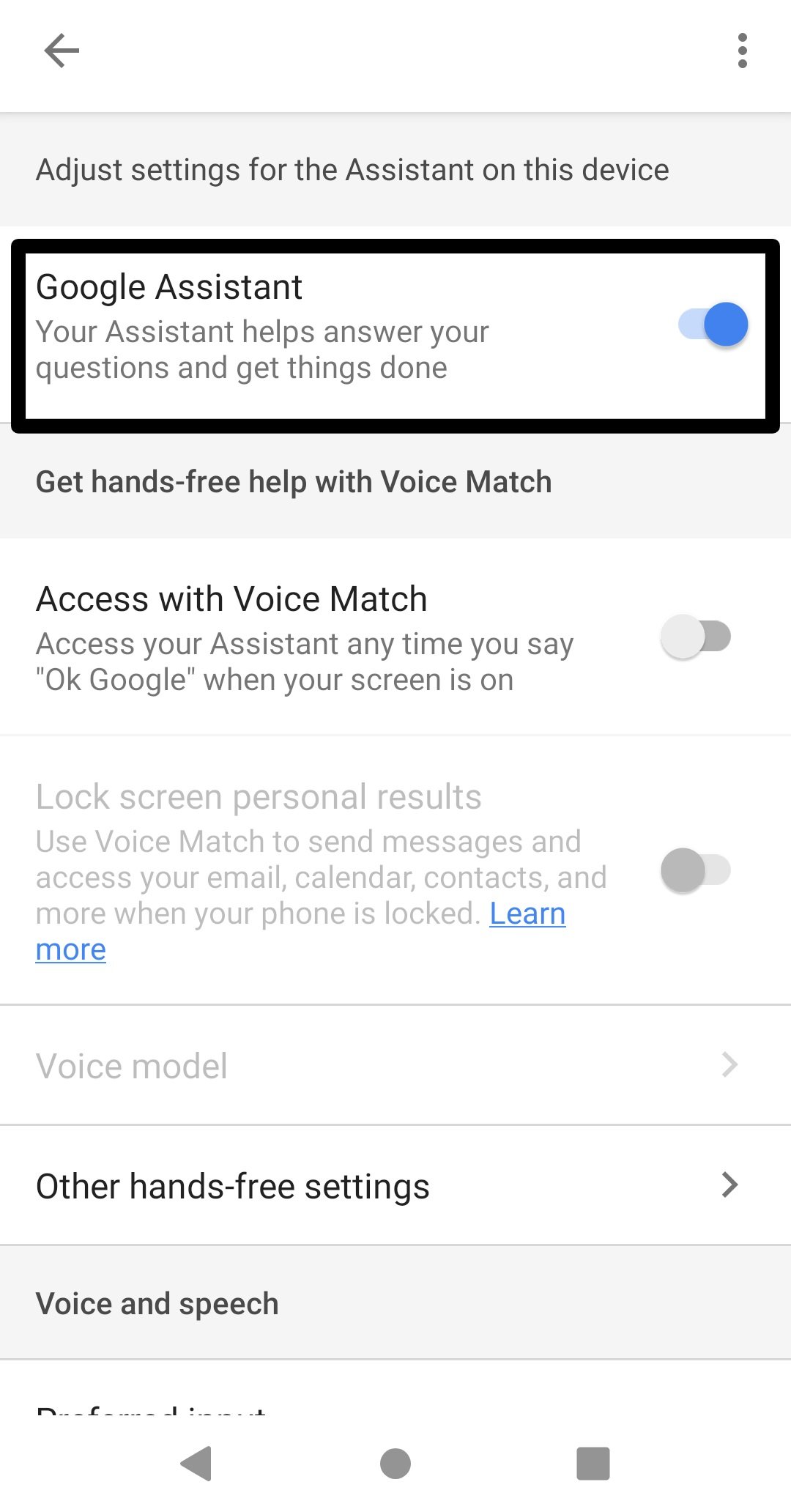 Отключение Google Assistant через переключатель