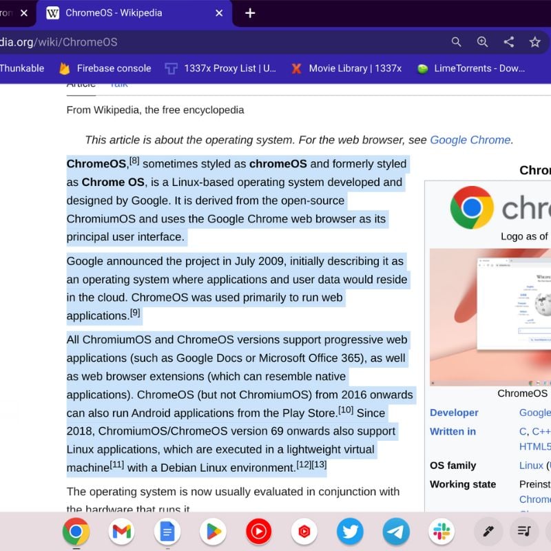 выделение текста трекпадом на Chromebook
