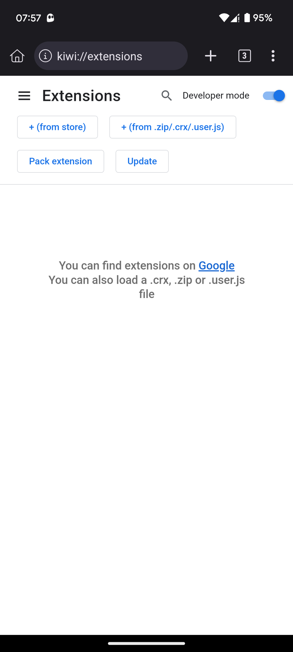 Страница расширений Kiwi Browser с включённым режимом разработчика