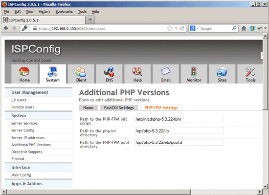 Настройки PHP-FPM для новой версии в ISPConfig