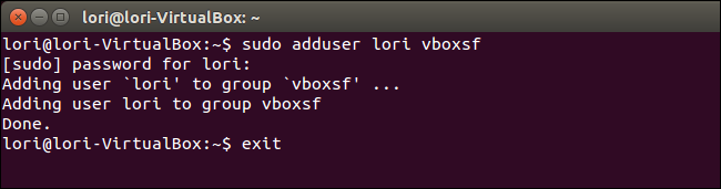 Окно терминала с добавлением пользователя в группу vboxsf