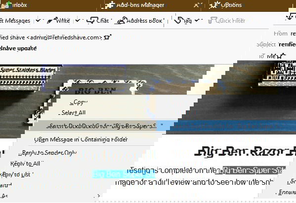 Изображение: результат поиска DuckDuckGo в Thunderbird