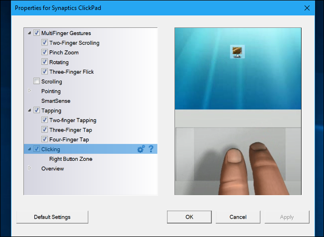 Опция Clicking и иконка шестерёнки для настройки