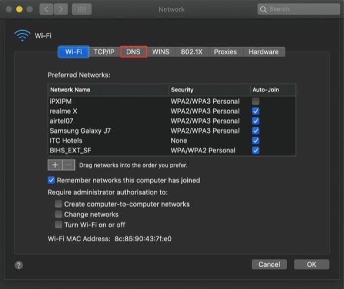 Снимок: добавление DNS в macOS