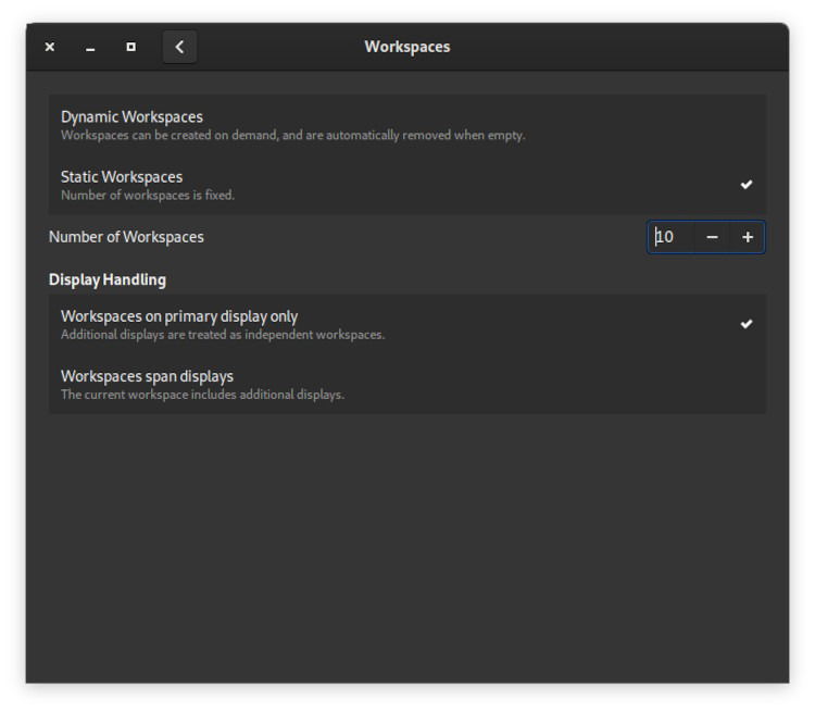 Скриншот: переключатель на Static Workspaces в GNOME Tweaks