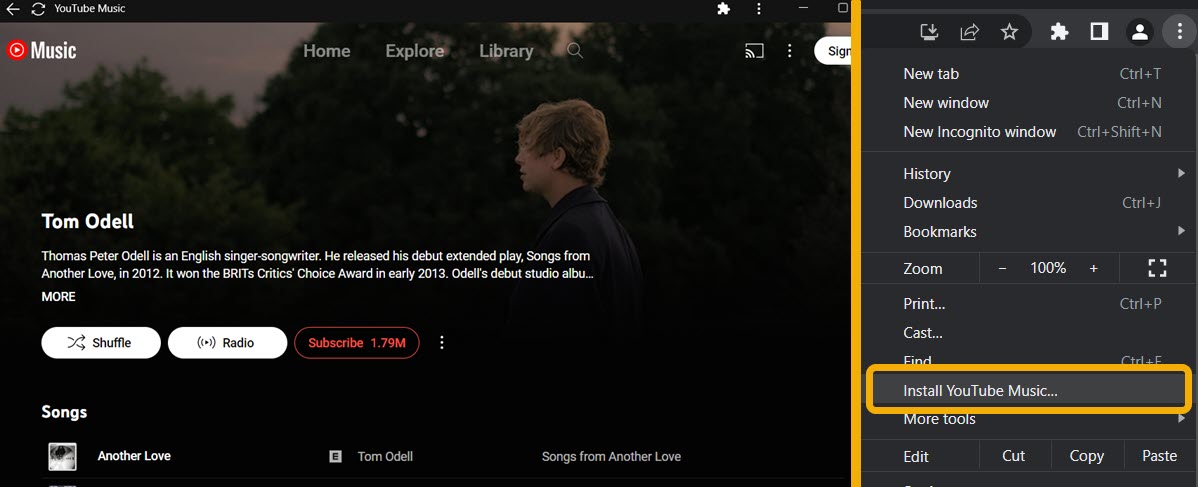 Установка YouTube Music как PWA в Google Chrome