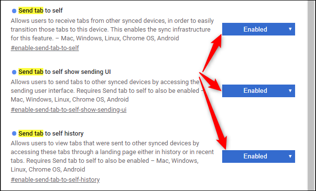 Включение флагов Send tab to self в Google Chrome