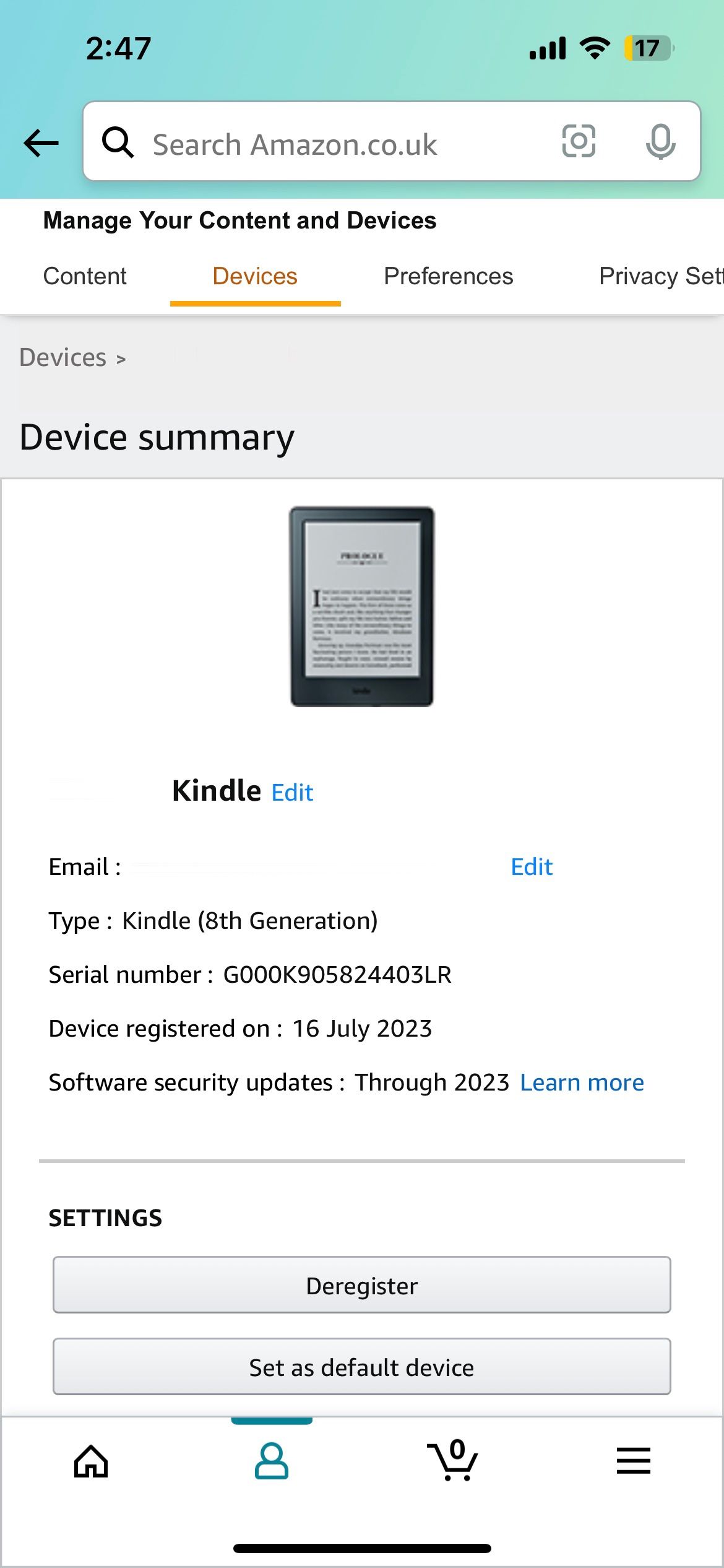Kindle Device Summary Page on Amazon iOS App