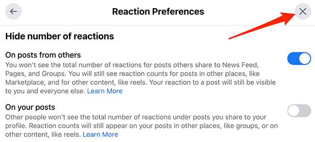 Нажмите «X» в правом верхнем углу окна «Настройки реакций».