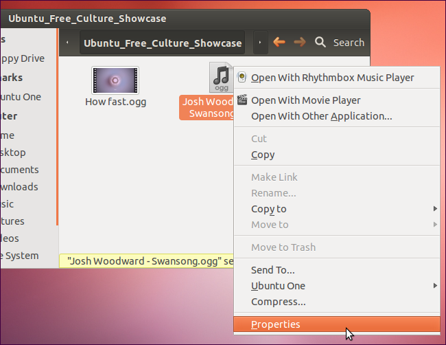 Контекстное меню файла с опцией Свойства в файловом менеджере