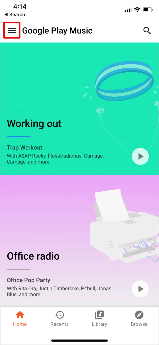 Главный экран Google Play Music