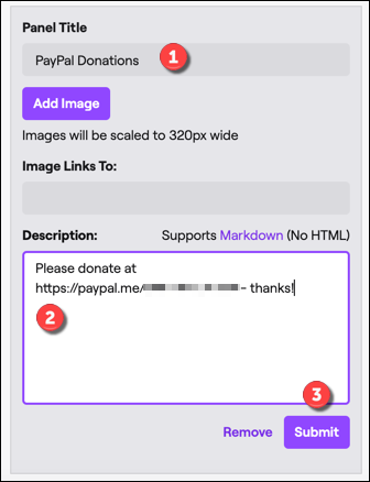 Заполните название панели и в описании вставьте информацию для донатов через PayPal, затем нажмите 
