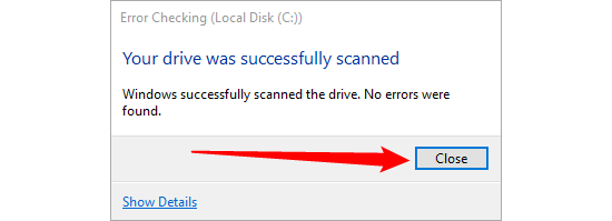 Окно с кнопкой Закрыть после проверки диска.