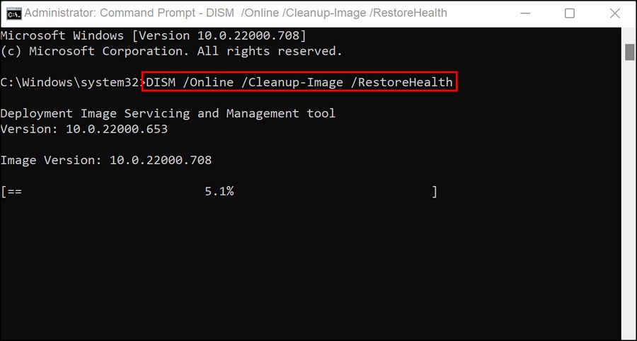 Команда RestoreHealth в окне командной строки